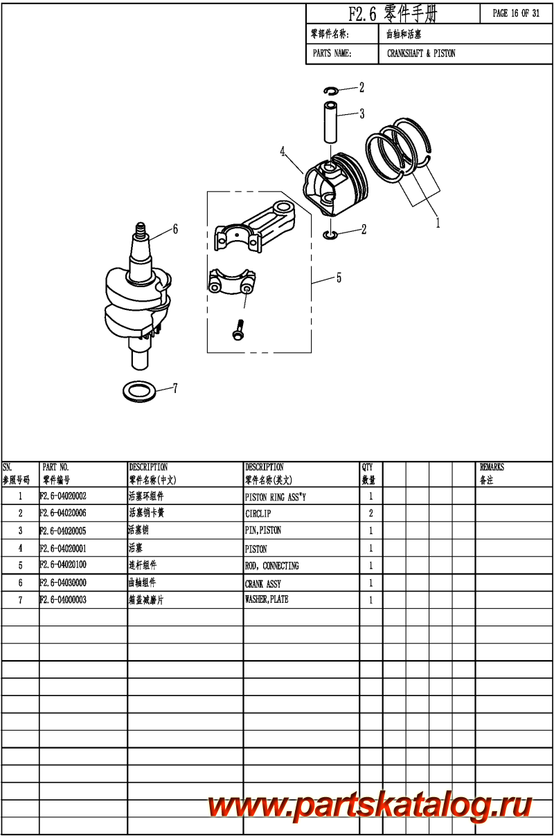   ,    , ,  F2.6 CRANKSHAFT & PISTON