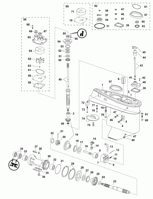 ��������� ����� Evinrude E60DPGLAGB  - gearcase, F-type / ��������, F-type