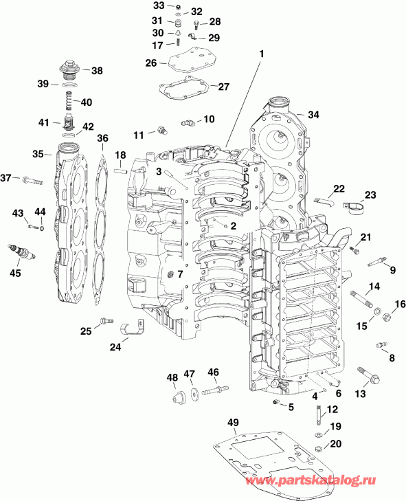 ��������� ����� EVINRUDE E225DPXAAA  - cylinder & Crankcase / ������� & ������ ���������