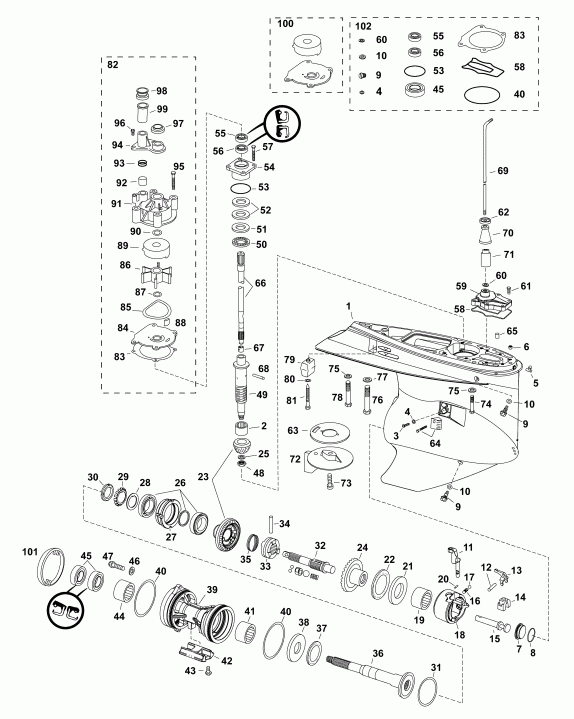    EVINRUDE E300DCZABA  - gearcase, M2-type, Counter Rotation