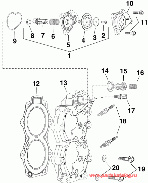�������� ��������� ����� Evinrude E30DRGABB  - ������� ����� �������� & ��������� / cylinder Head & Thermostat