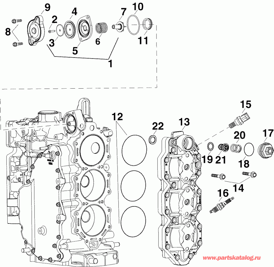 ��������� EVINRUDE E90SNLABA  - ������� ����� �������� & ��������� / cylinder Head & Thermostat