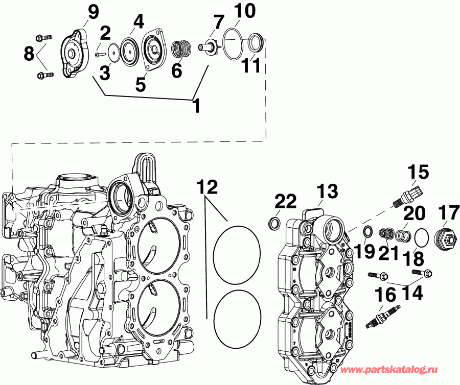 ��������� ����� Evinrude E50DRMLAFA  - cylinder Head & Thermostat / ������� ����� �������� & ���������