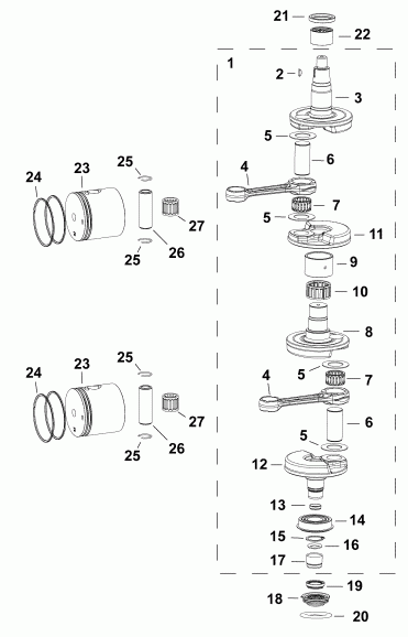 ��������� Evinrude E25DTELAAA  - crankshaft & Pistons - �������� & ������