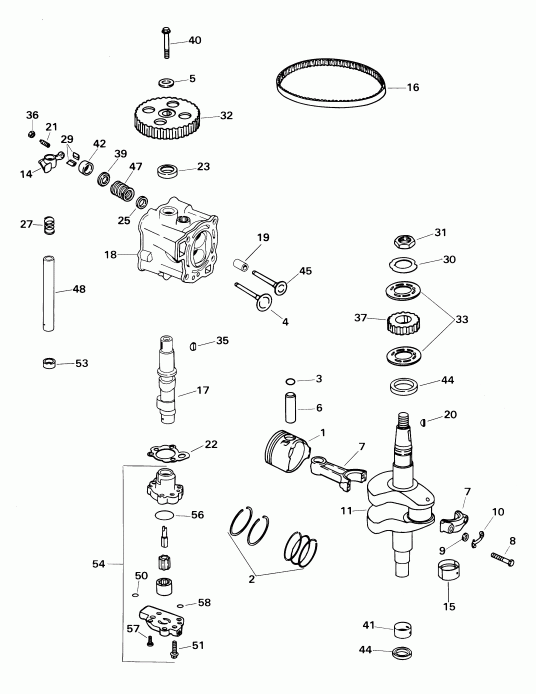 ��������� ��������� Evinrude E5R4SIE 4-stroke, rope start, tiller, 15  - linder Head & �������� / linder Head & Crankshaft
