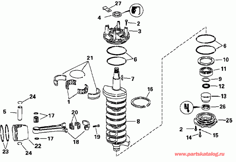 �������� ��������� ����� Evinrude E225FPXSRB  - ank��� � ������ / ankshaft And Pistons