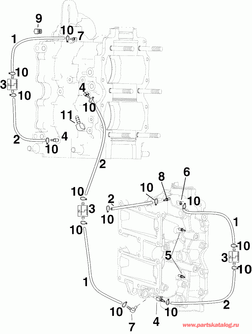 ��������� ��������� Evinrude E60WDRLSOS  - linder / ������ ��������� Fittings & Oil Recirculation �����s - linder/crankcase Fittings & Oil Recirculation Hoses