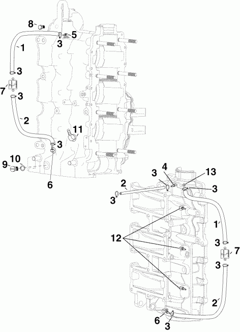 ��������� Evinrude E90DSLSOC  - linder/crankcase Fittings & Oil Recirculation Hoses - linder / ������ ��������� Fittings & Oil Recirculation �����s