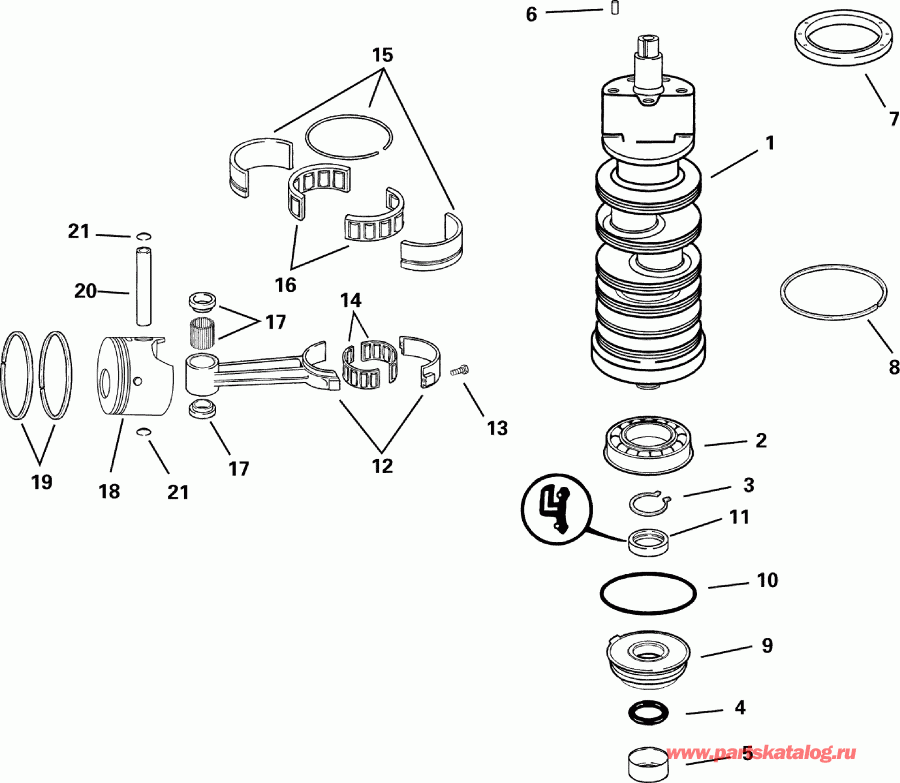 �������� ����� Evinrude E115FPLSDS  - ankshaft & Pistons / ank��� & ������