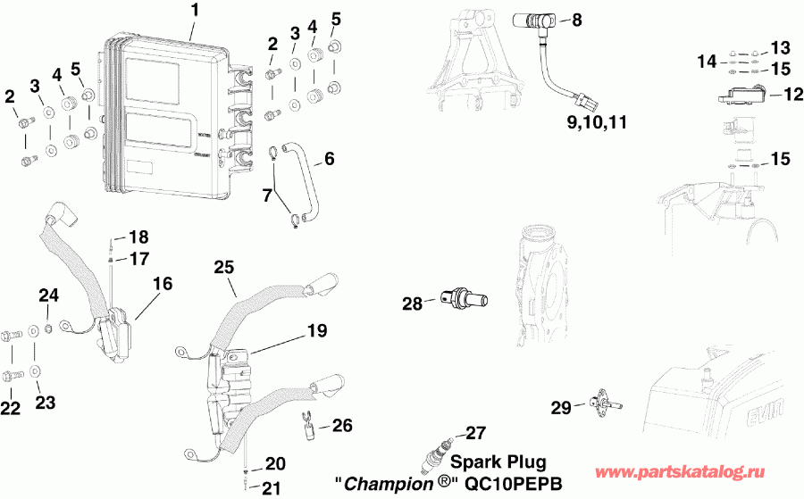 ����� Evinrude E250DCXSDR  - m, �������, ������� ���������s & ����� ���������s / m, Sensors, Ignition Coils & Spark Plugs