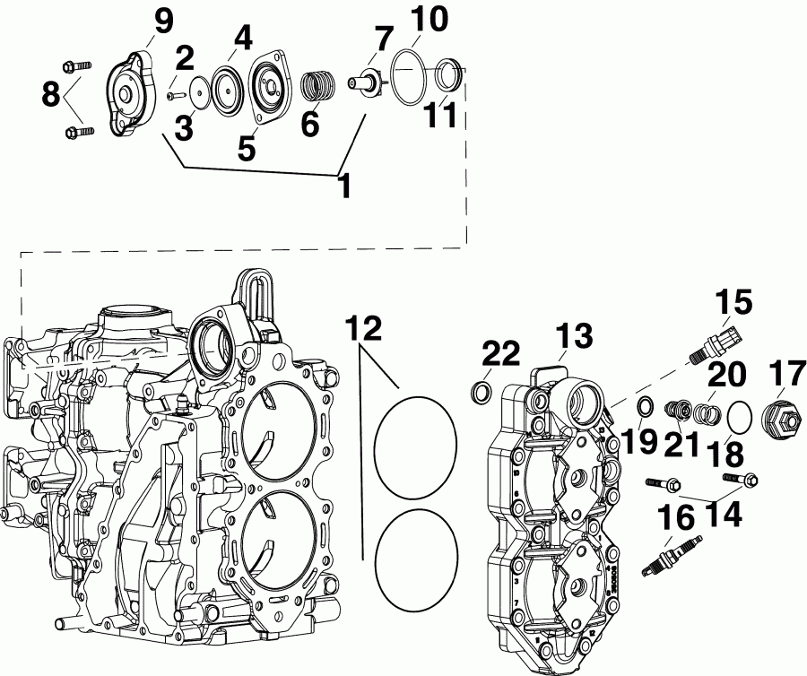 �������� ����� EVINRUDE E50DPLISD  - linder Head & ��������� - linder Head & Thermostat