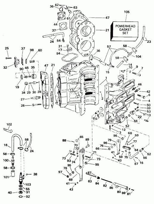  Evinrude E125WTPLE 1995  - linder & Crankcase / linder & ������ ���������