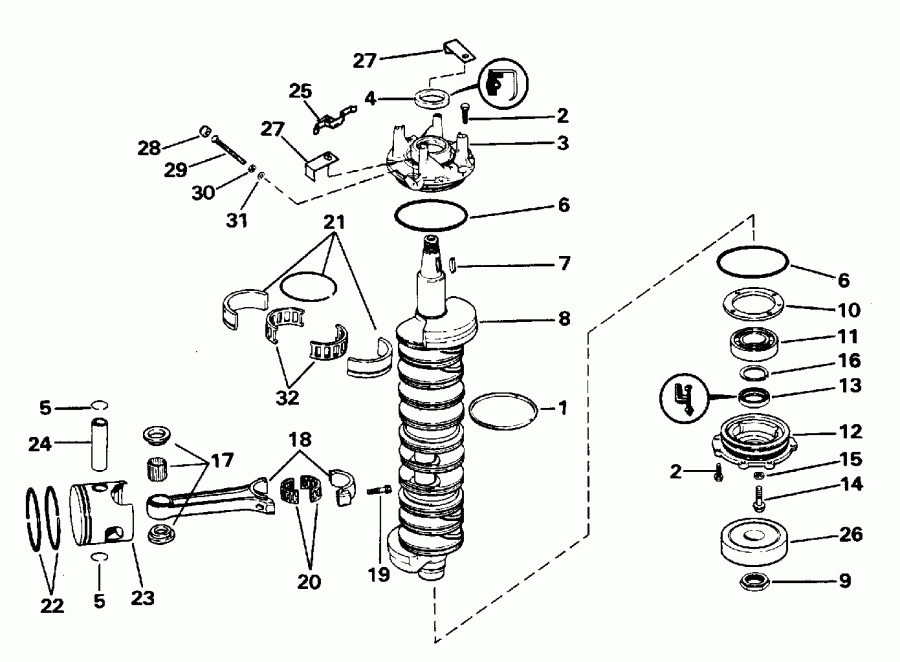 �������� ��������� ����� Evinrude BE250TXEDA 1996  - ank��� & ������� / ankshaft & Piston