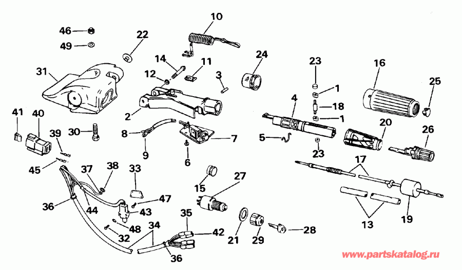 �������� ��������� ����� Evinrude E25RMEDC 1996  - ee������ & ������������� Handle / eering & Shift Handle