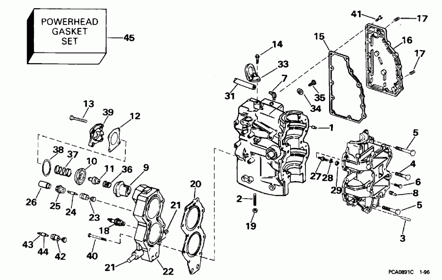 �������� ��������� ����� EVINRUDE E40ELEDS 1996  - linder & Crankcase