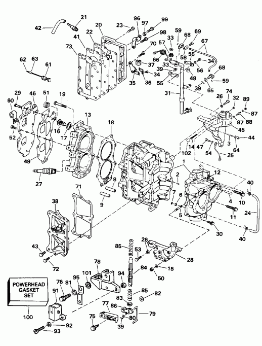 ��������� EVINRUDE HE25TELEDA 1996  - linder & Crankcase / linder & ������ ���������