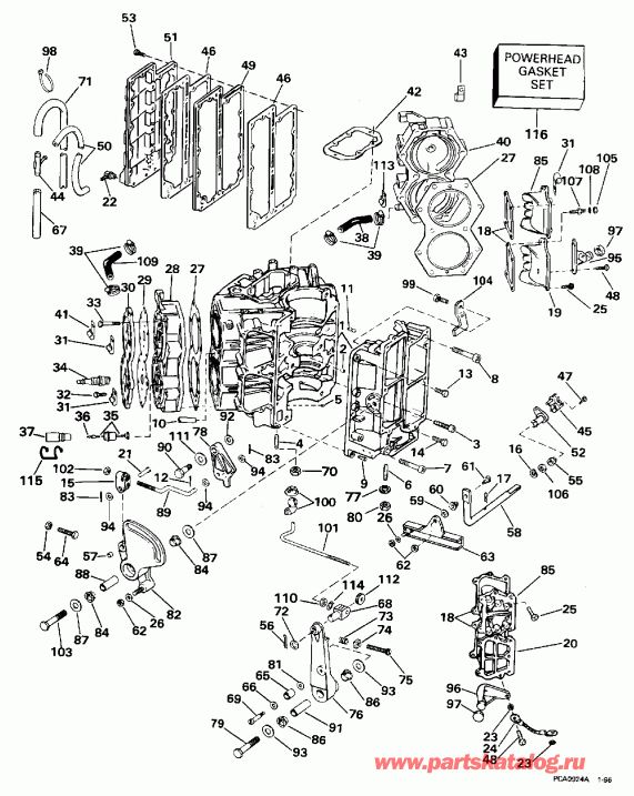  EVINRUDE SE100WMPLM 1996  - linder & Crankcase - linder & ������ ���������