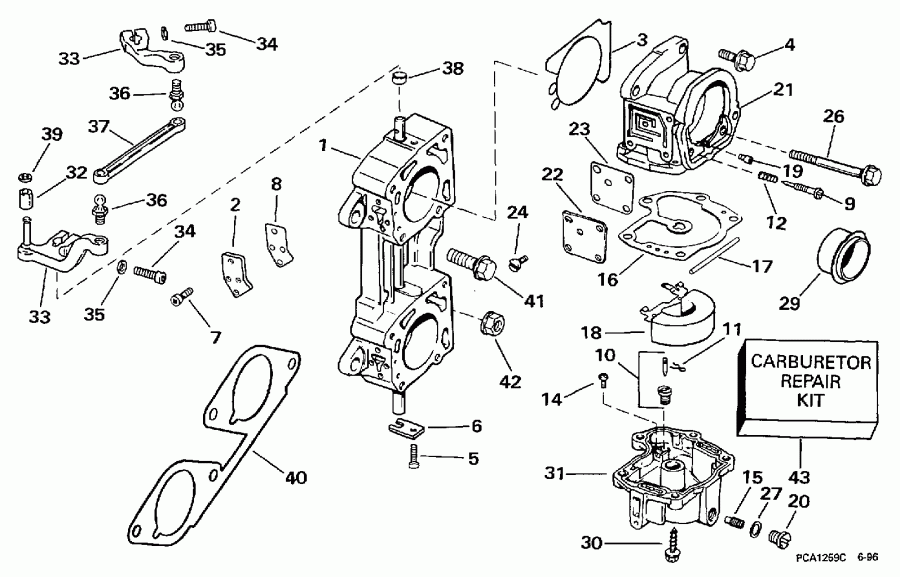 �������� ��������� ����� Evinrude HE130CXAUM 1997  - rburetor & Linkage / rburetor & ��������� ��������