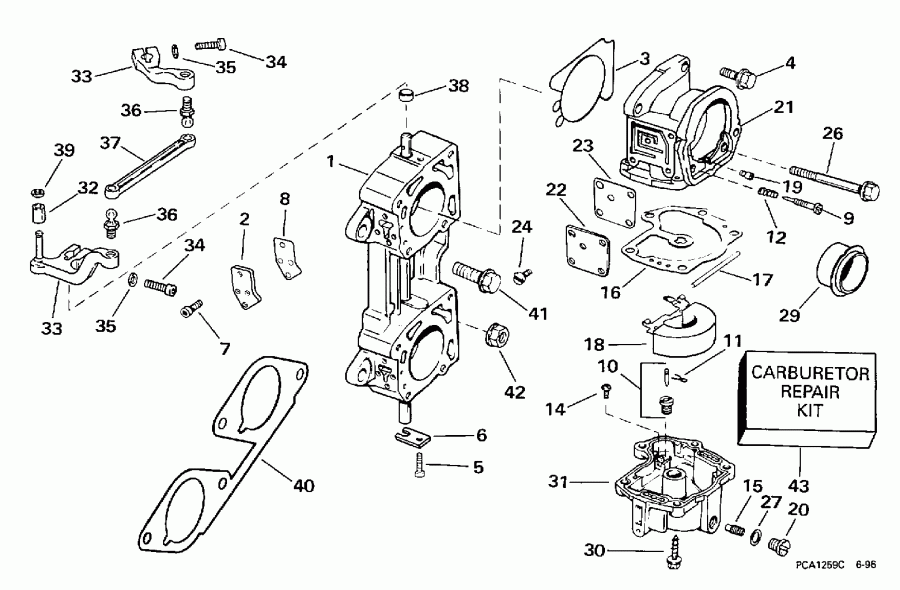 �������� ����� Evinrude BE130TLECE 1998  - rburetor & ��������� �������� / rburetor & Linkage