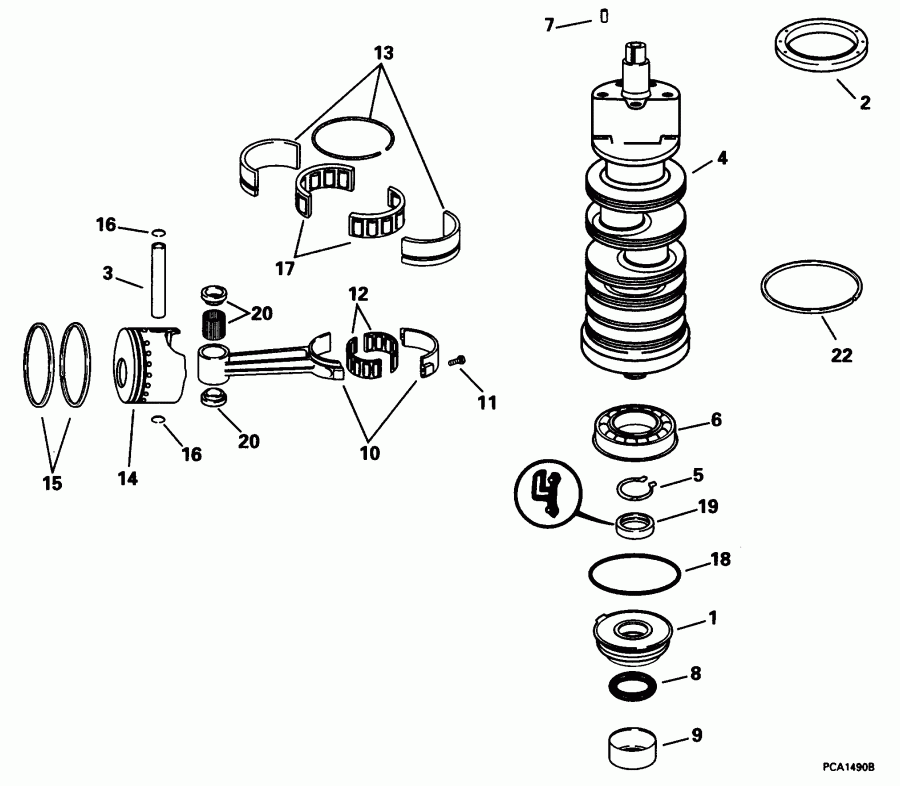 ��������� ��������� EVINRUDE E115FSLECS 1998  - ank��� & ������ / ankshaft & Pistons