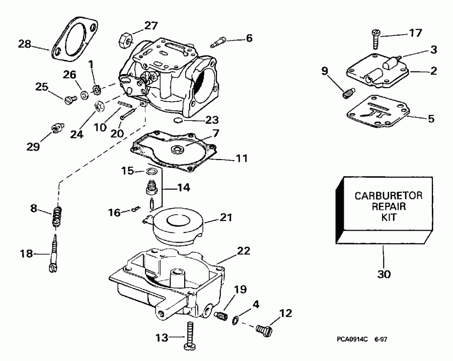 ��������� ����� Evinrude E25ELECE 1998  - rburetor 30e, 30el / rburetor 30e, 30el