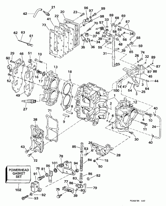 ��������� Evinrude E30TEECS 1998  - linder & ������ ��������� / linder & Crankcase