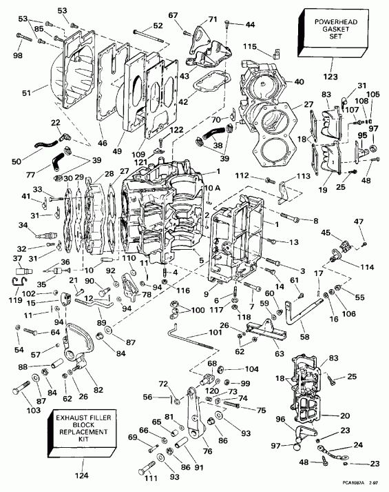 ��������� �������� ����� EVINRUDE XE115HXECM 1998  - linder & ������ ��������� / linder & Crankcase