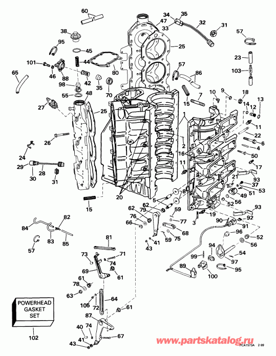 ��������� ��������� Evinrude E225FPXEEO 1999  - linder & Crankcase / linder & ������ ���������