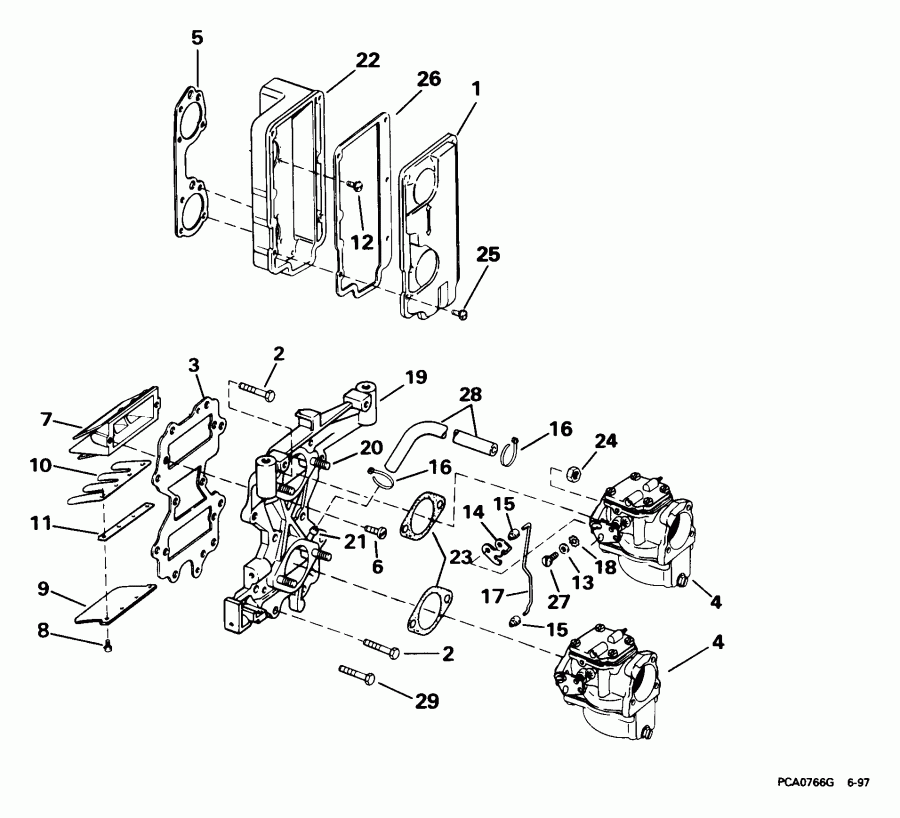 ��������� �������� ����� EVINRUDE E55WRYEES 1999  - take ��������� & Air ��������� / take Manifold & Air Silencer