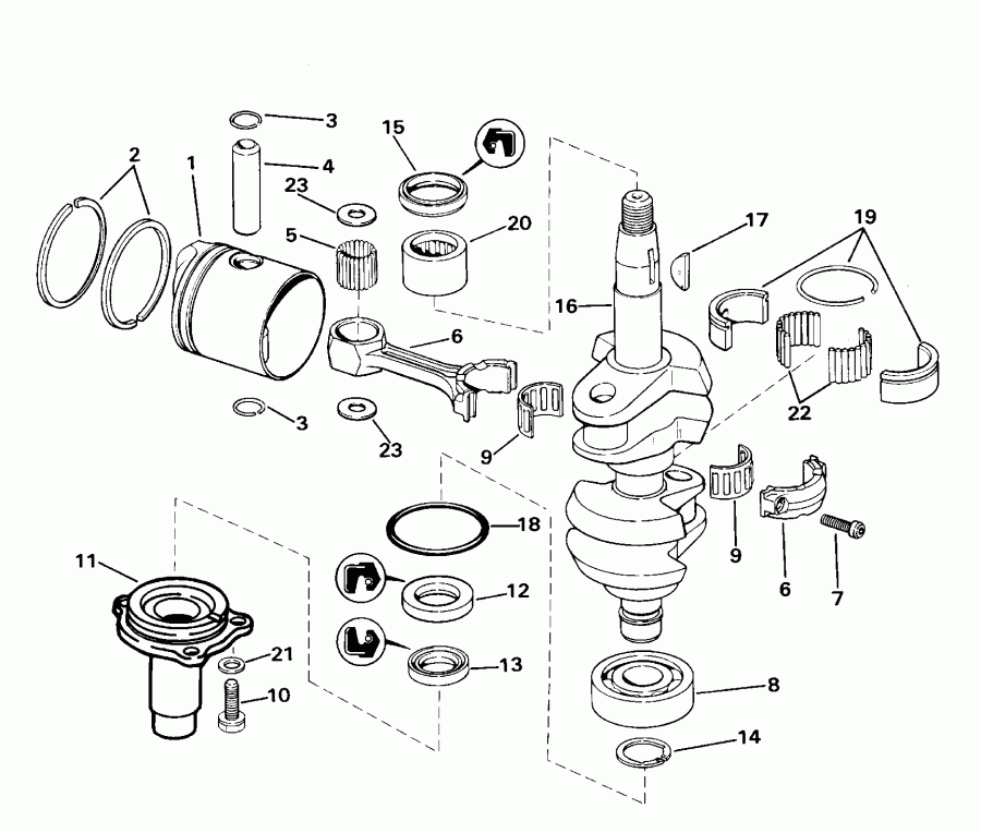 ��������� ��������� EVINRUDE E15WRLSSC Commercial, Rope Start, Tiller  - ank��� & ������� - ankshaft & Piston