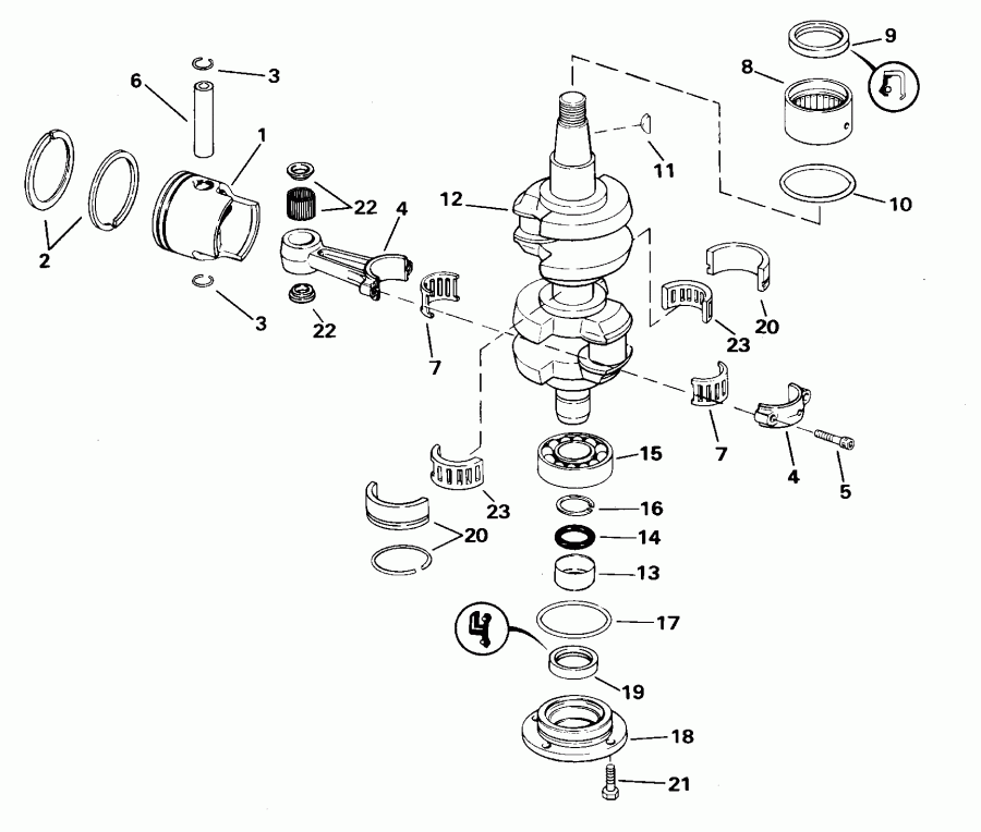  ������� E55WRSSC Commercial, Rope Start, Tiller,  - ankshaft And Piston / ank��� � �������