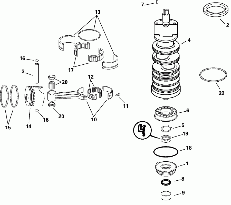 ��������� ��������� EVINRUDE RE115FXSSR FFI, Elec Start, TNT, 25 IN.   - ank��� & ������ - ankshaft & Pistons