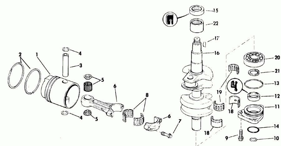 ��������� �������� ����� EVINRUDE E25RWESA 1990  - ankshaft & Piston - ank��� & �������