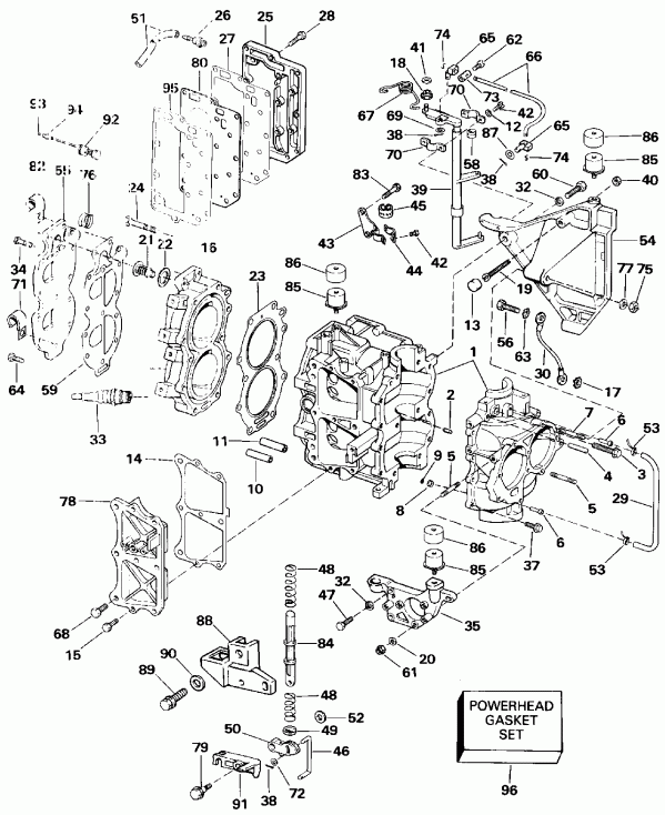 ��������� �������� ����� Evinrude E25RWESA 1990  - linder & Crankcase - linder & ������ ���������