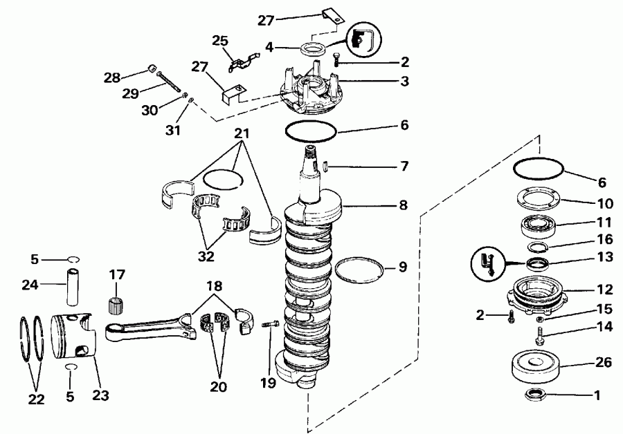 �������� ��������� ����� EVINRUDE E300PLESB 1990  - ank��� & ������� / ankshaft & Piston