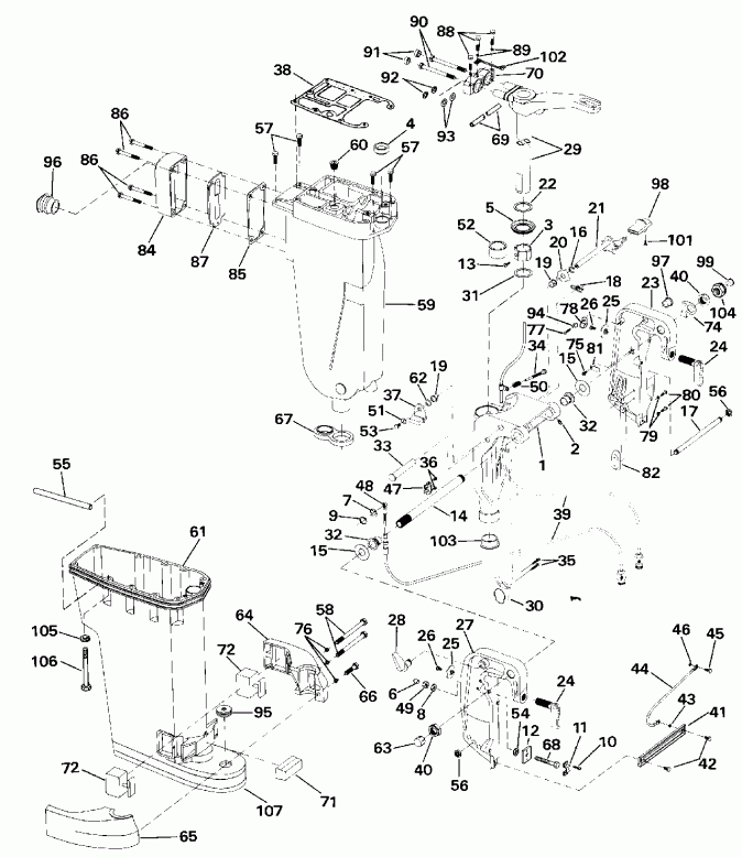 ��������� ����� EVINRUDE E40TTLESR 1990  - haust ������ & Stern & ���������� ��������� / haust Housing & Stern & Swivel Bracket