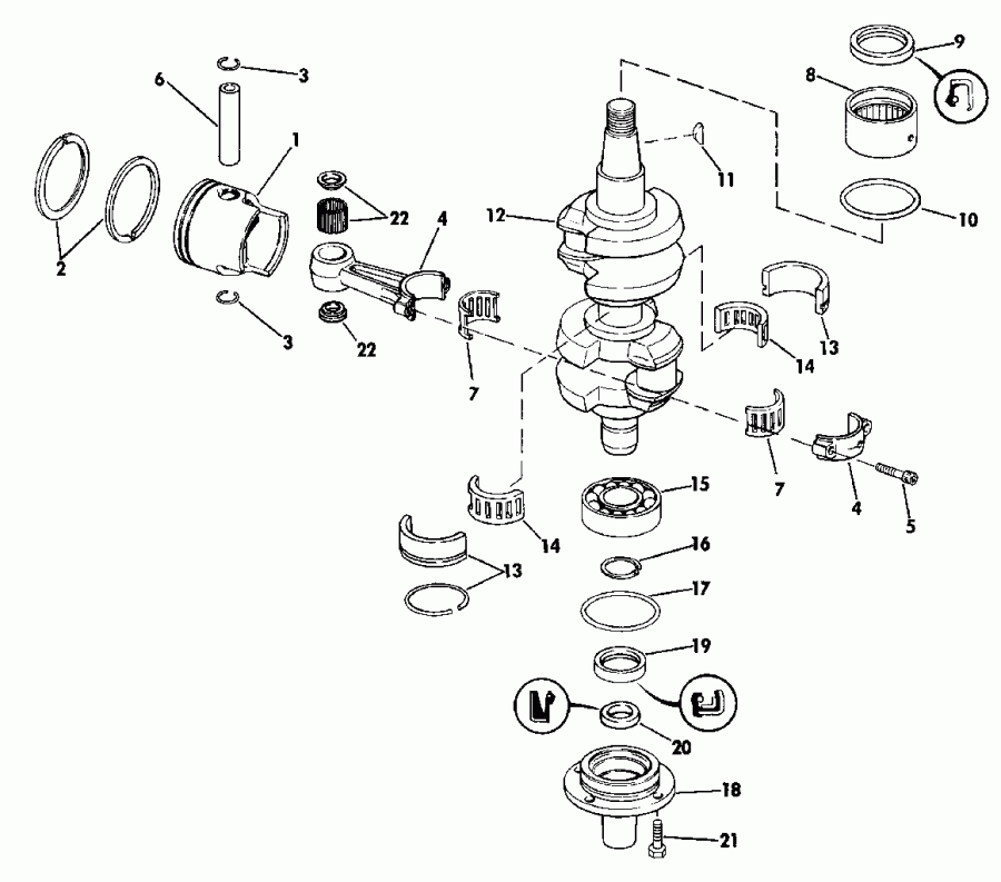 ��������� Evinrude E45RCESR 1990  - ankshaft & Piston / ank��� & �������