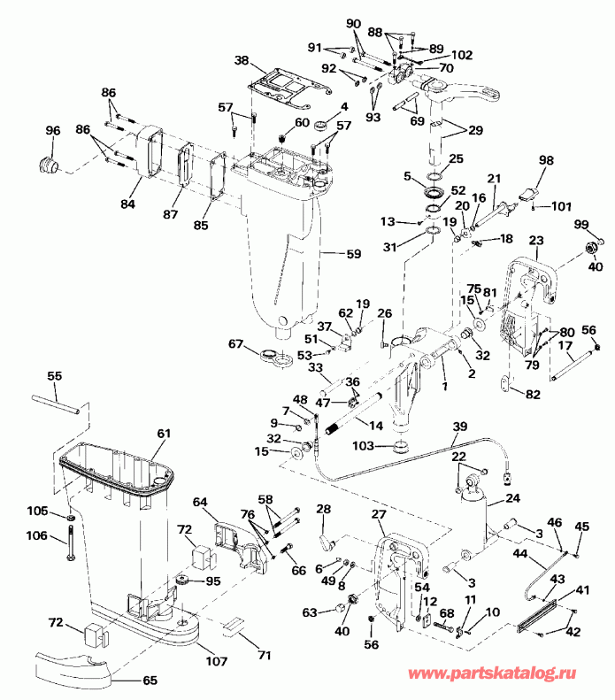 �������� ����� EVINRUDE VE48ESLESA 1990  - haust ������ & Stern & ���������� ��������� / haust Housing & Stern & Swivel Bracket