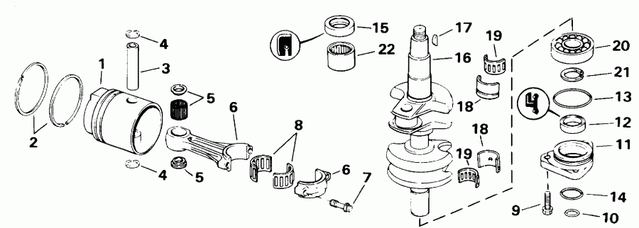 ����� Evinrude TE20CRLEIE 1991  - ankshaft & Piston / ank��� & �������