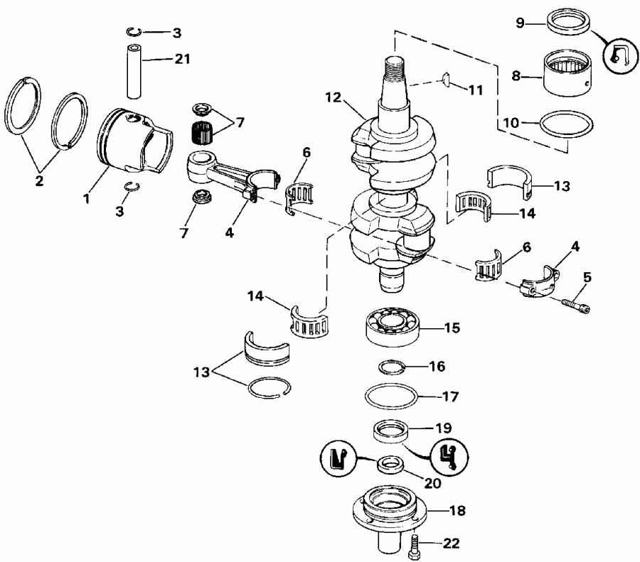 �������� ��������� ����� Evinrude VE40EEIA 1991  - ank��� & ������� / ankshaft & Piston
