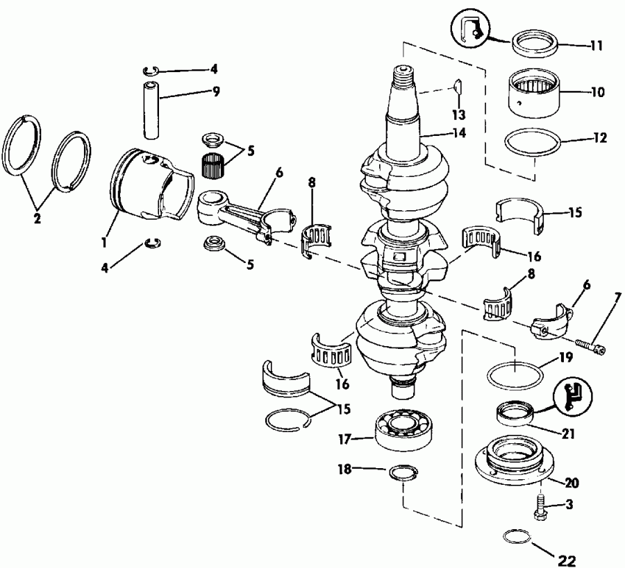 �������� ��������� ����� Evinrude VE70ELEIE 1991  - ankshaft & Piston - ank��� & �������