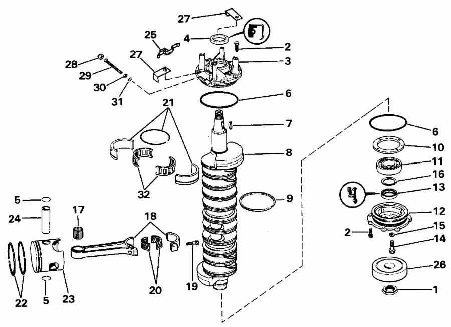 ��������� ��������� EVINRUDE E150EXENC 1992  - ankshaft & Piston