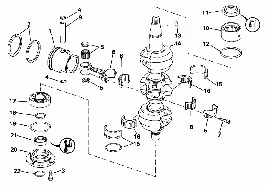 �������� ��������� ����� Evinrude E60TLENE 1992  - ank��� & ������� / ankshaft & Piston