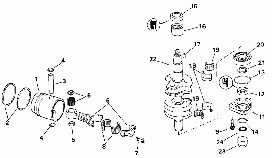 ��������� �������� ����� Evinrude E20CRLETS 1993  - ankshaft & Piston / ank��� & �������