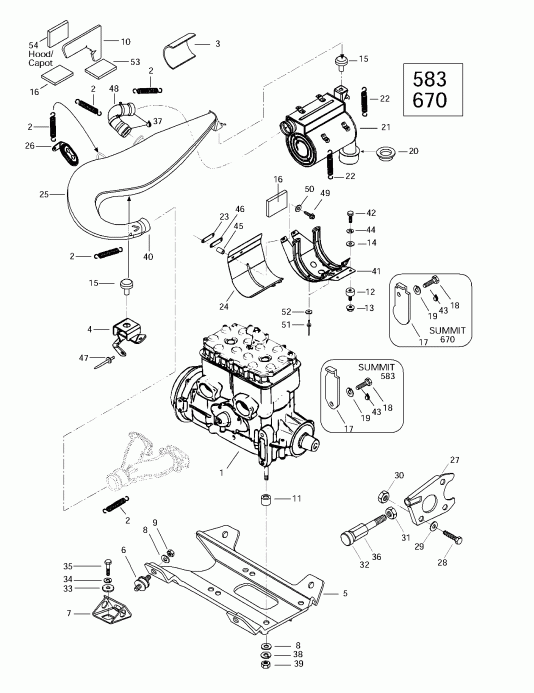�������� Skidoo ����������� Summit 500/583/670, 1997 - Engine Support And Muffler (583, 670)