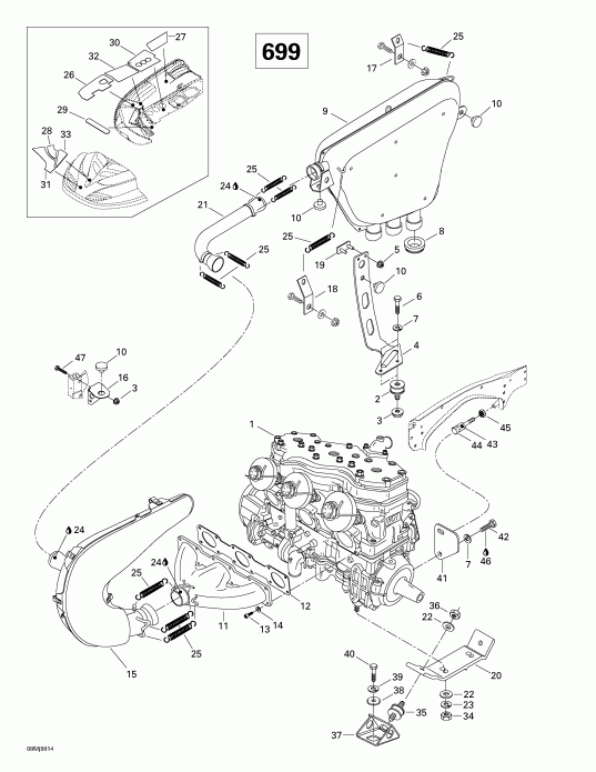 SkiDoo Formula III 600 R/700 R, 1998  - Engine Support And Muffler (699)