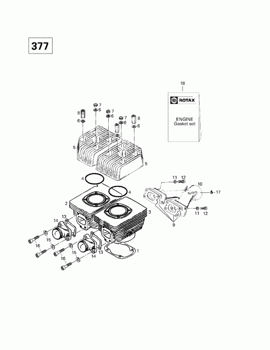�������� Skidoo Skandic 380/500, 1998 ������ - Cylinder, Intake Exhaust Manifold (377)