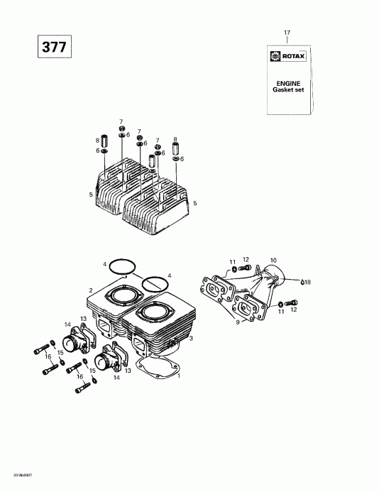 �������� SKIDOO Formula Deluxe 380/500, 1999 - Cylinder, Intake Exhaust Manifold (377)