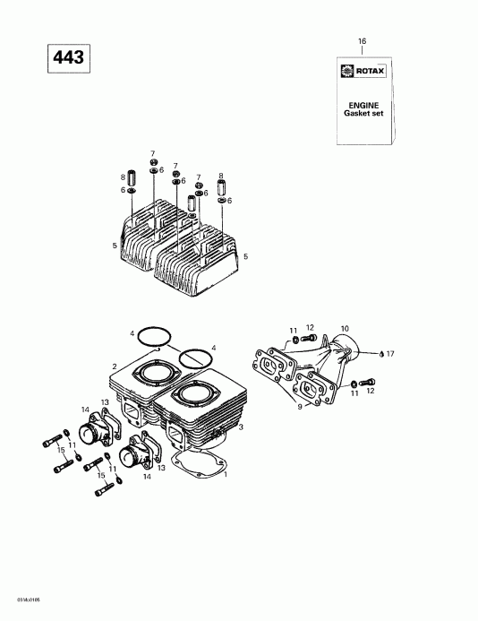 snowmobile Skidoo MX Z 440 F/500 F, 2001  - Cylinder, Intake Exhaust Manifold (443)