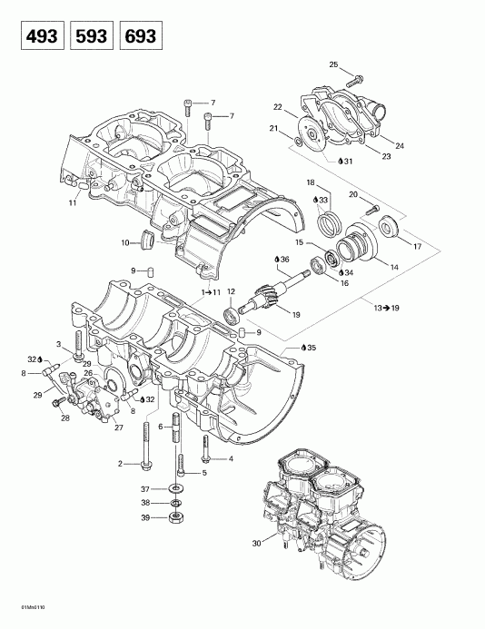  Skidoo - Crankcase, Water Pump And Oil Pump